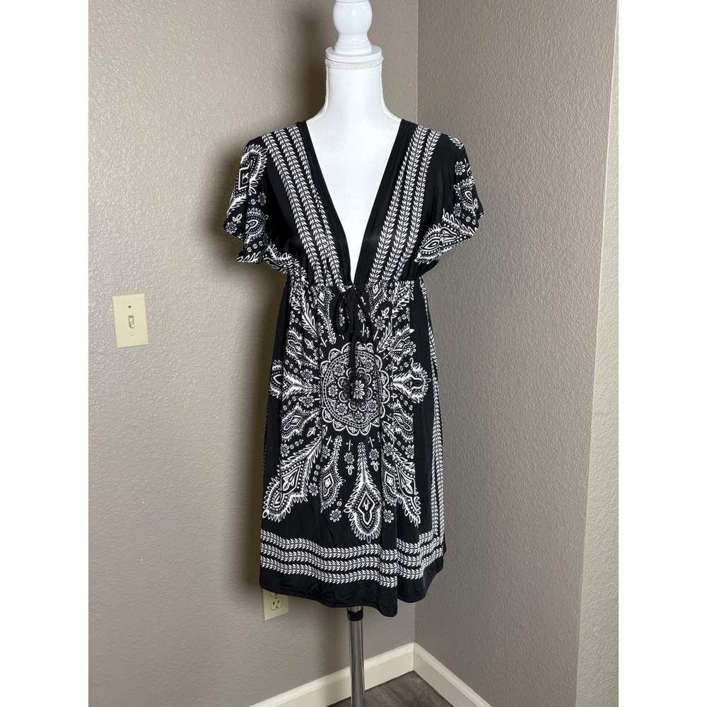 808 Wearz Hawaii Black White Mandala Tribal V-Neck Mini Dress XL Boho Festival